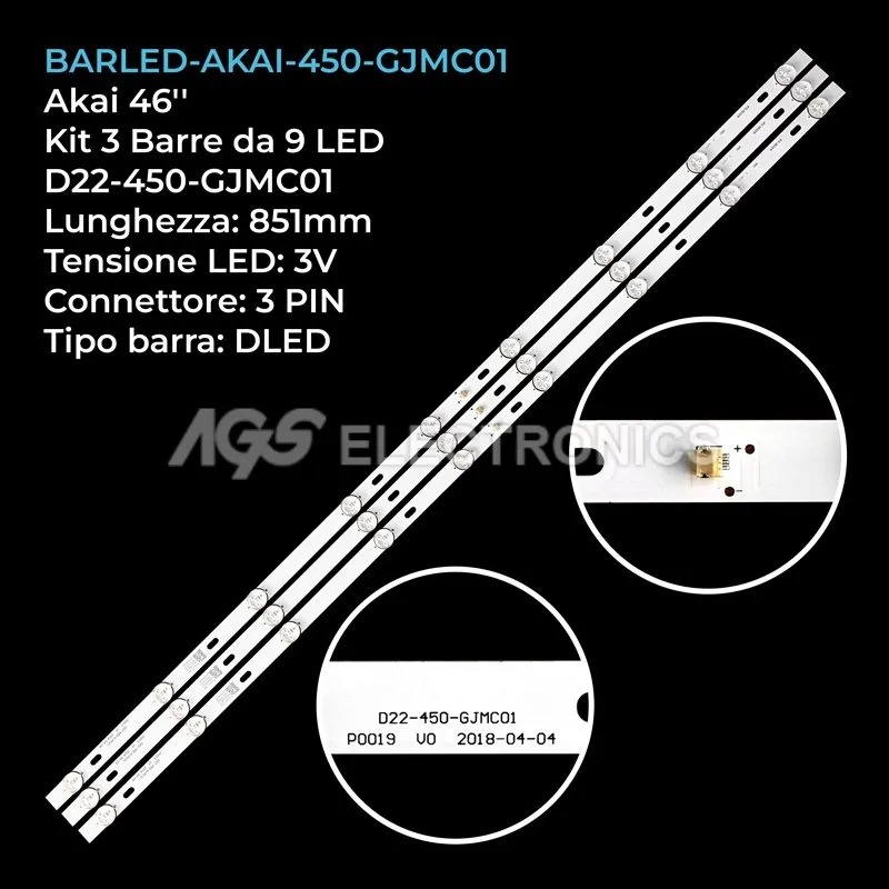 kit 3 barre LED retroilluminazione per Akai 46 pollici modello HT450BW15