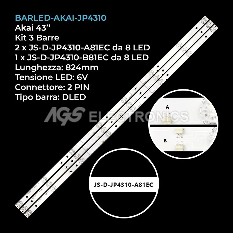 kit 3 barre LED retroilluminazione per Akai 43 pollici modello CTV431TSMARTCURVED
