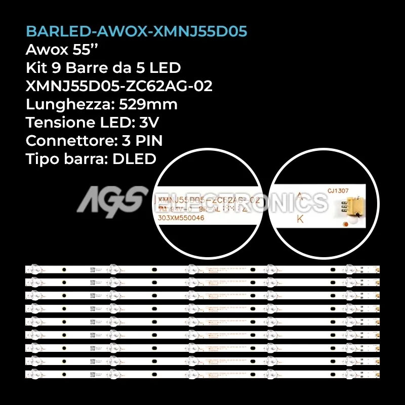 kit 9 barre LED retroilluminazione per Awox 55 pollici modello B205500S