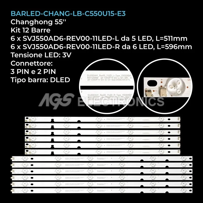 kit 12 barre LED retroilluminazione per Changhong 55 pollici modello LED55AHD2100E