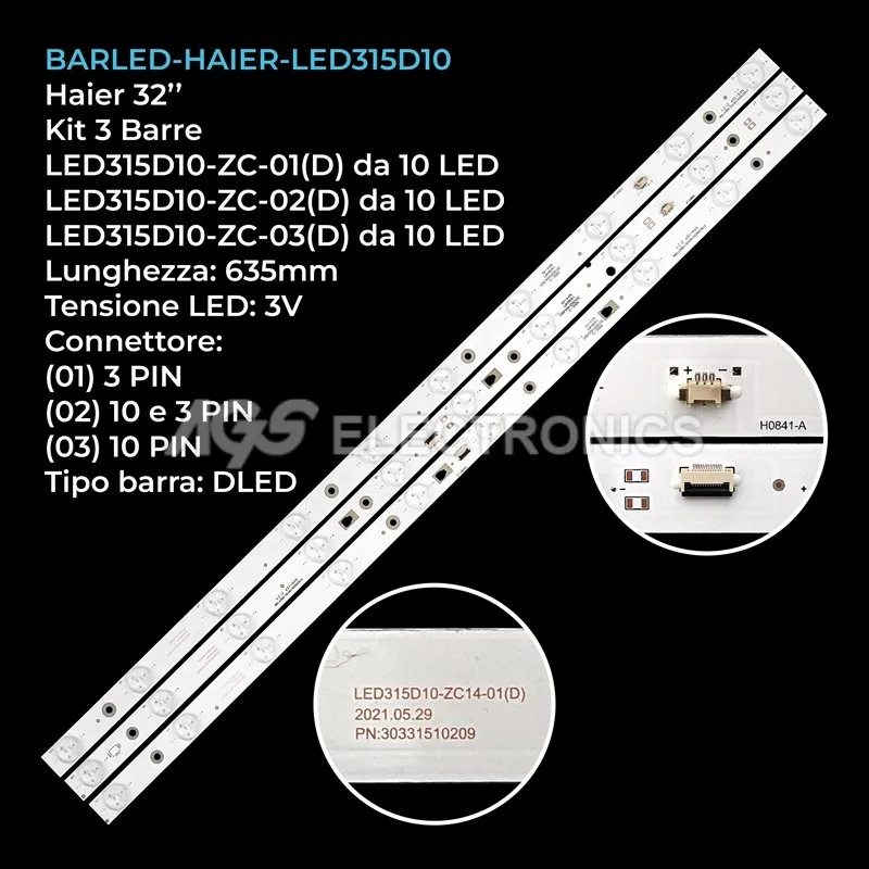 kit 3 barre LED retroilluminazione per Haier 32 pollici modello LE32F3000W