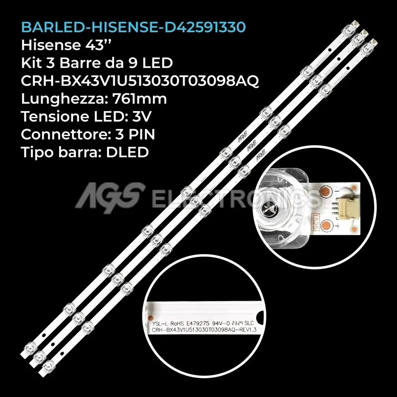 kit 3 barre LED retroilluminazione per Hisense 43 pollici modello 43R6E1
