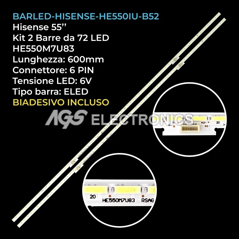kit 2 barre LED retroilluminazione per Hisense 55 pollici modello HE550M7U52