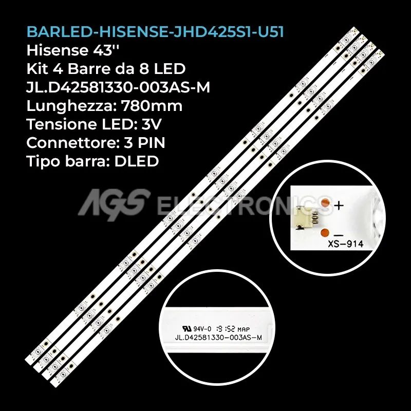 kit 4 barre LED retroilluminazione per Hisense 43 pollici modello H43A6140