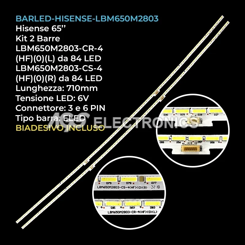 kit 2 barre LED retroilluminazione per Hisense 65 pollici modello LED65E7CY