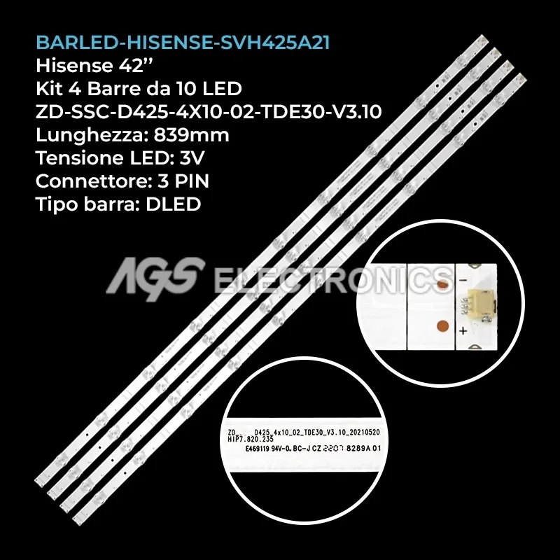 kit 4 barre LED retroilluminazione per Hisense 42 pollici modello 43A60GEVS