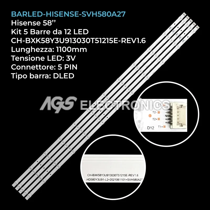 kit 5 barre LED retroilluminazione per Hisense 58 pollici modello HD580Y3U91L2