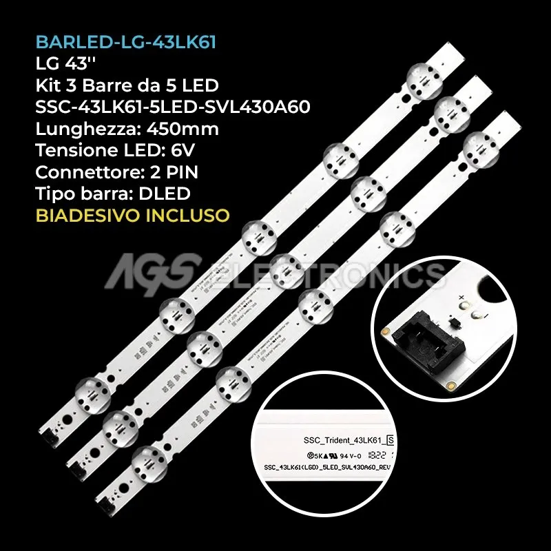 kit 3 barre LED retroilluminazione per LG 43 pollici modello 43LK6100