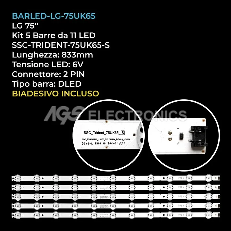 kit 5 barre LED retroilluminazione per LG 75 pollici modello 75UM8070PUA
