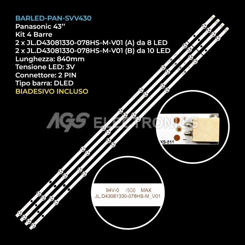 kit 4 barre LED retroilluminazione per Vestel 43 pollici modello 43U9401