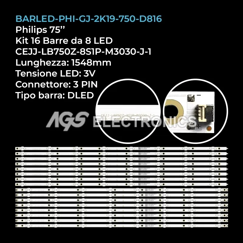 kit 16 barre LED retroilluminazione per Philips 75 pollici modello 75PUS785512