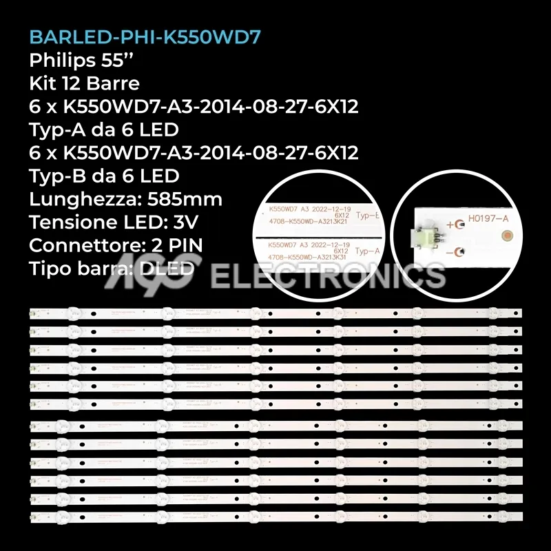 kit 12 barre LED retroilluminazione per Philips 55 pollici modello 55PUF6031T3