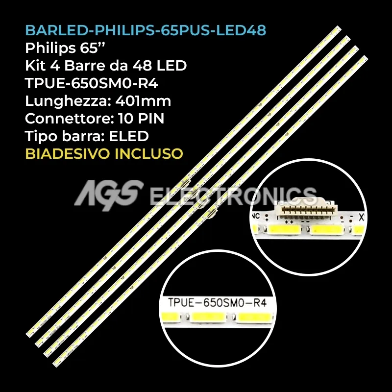 kit 4 barre LED retroilluminazione per Philips 65 pollici modello TPT650LSFJ01