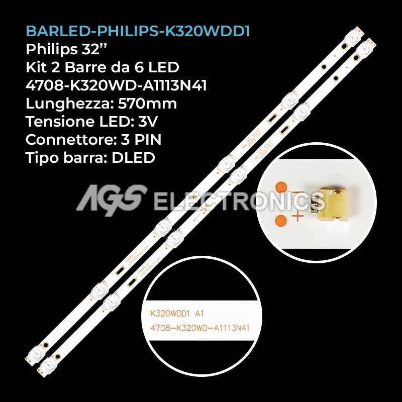 kit 2 barre LED retroilluminazione per Philips 32 pollici modello K320WDD1