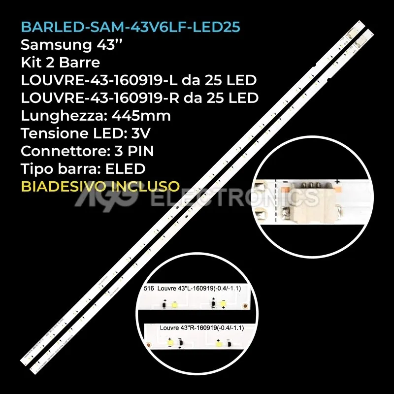 kit 2 barre LED retroilluminazione per Samsung 43 pollici modello UA43K5300AWXMV