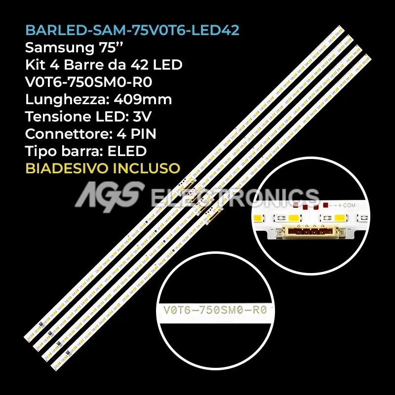 kit 4 barre LED retroilluminazione per Samsung 75 pollici pannello CYRT075FGHV2H