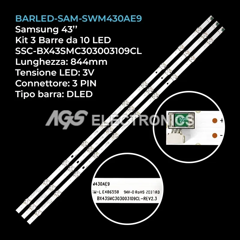 kit 3 barre LED retroilluminazione per Samsung 43 pollici modello UE43TU7172U