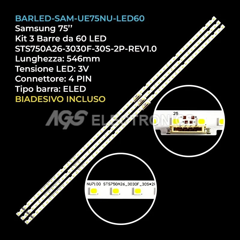 kit 2 barre LED retroilluminazione per Samsung 75 pollici modello UE75NU7090UXZG