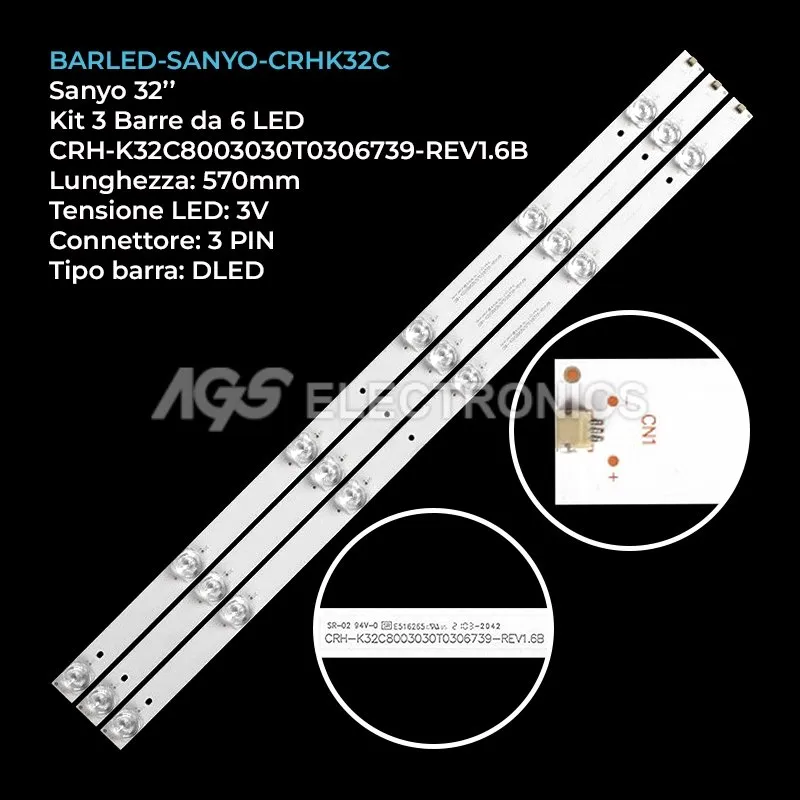 kit 3 barre LED retroilluminazione per Sanyo 32 pollici modello 32H80