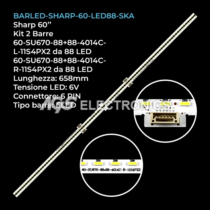 kit 2 barre LED retroilluminazione per Sharp 60 pollici modello LC60UI9362K