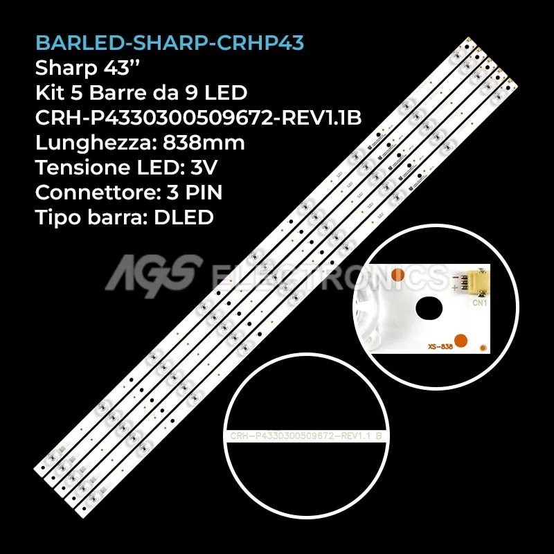 kit 5 barre LED retroilluminazione per Sharp 43 pollici modello LC43CUG8362KS