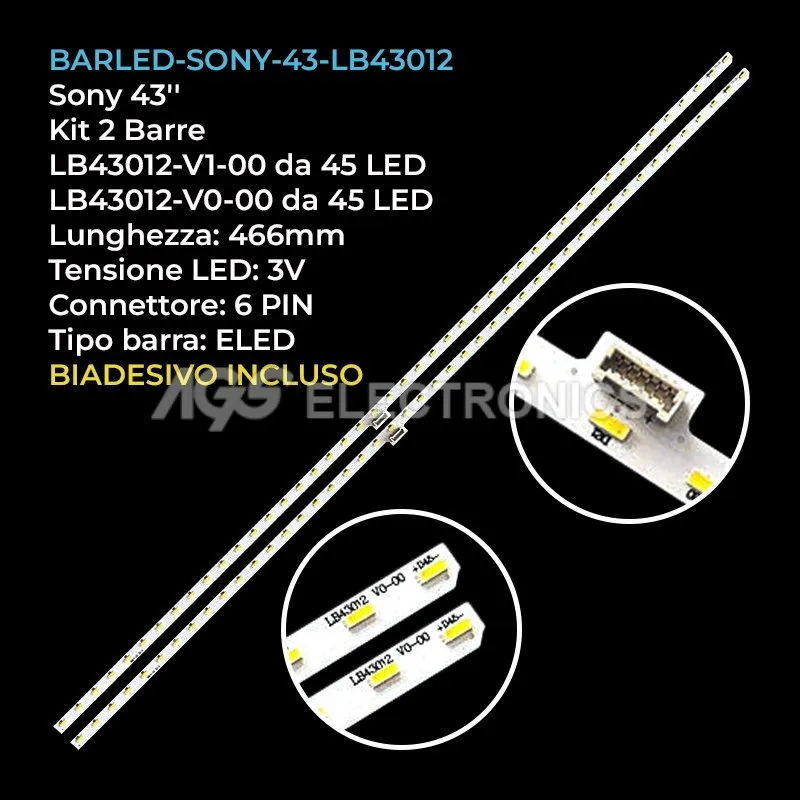 kit 2 barre LED retroilluminazione per Sony 43 pollici modello KDL43WD757