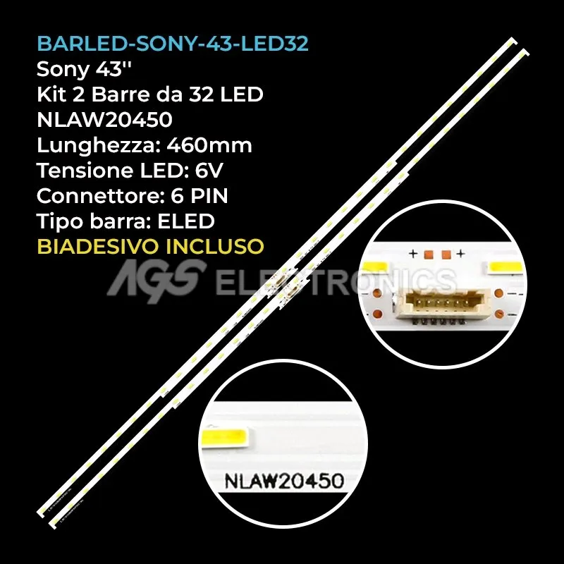 kit 2 barre LED retroilluminazione per Sony 43 pollici modello KD43XF7596