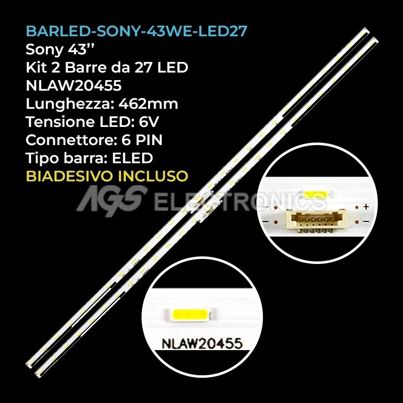 kit 2 barre LED retroilluminazione per Sony 43 pollici modello KDL43WE755