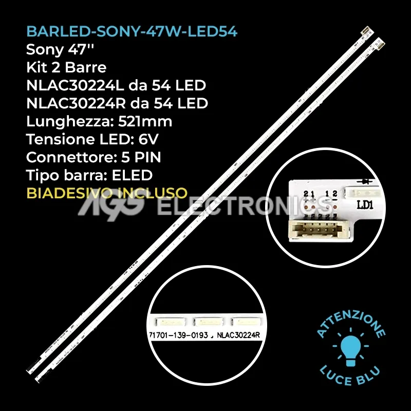 kit 2 barre LED retroilluminazione per Sony 47 pollici modello KDL47W807A