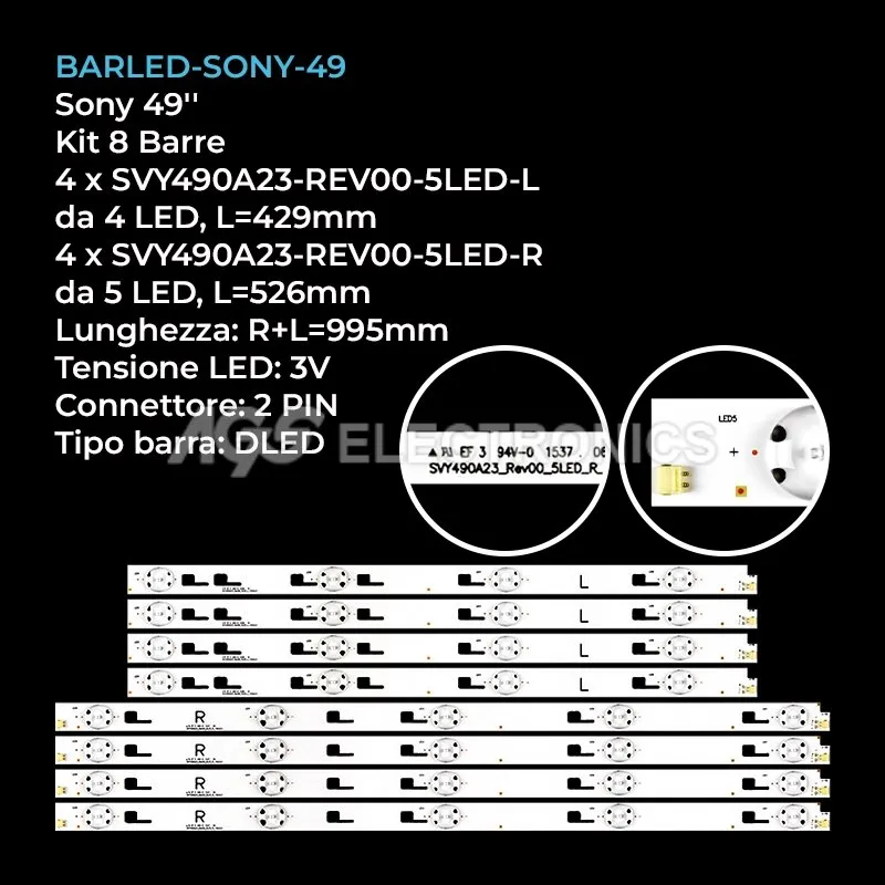 kit 8 barre LED retroilluminazione per Sony 49 pollici modello KD49XD7005