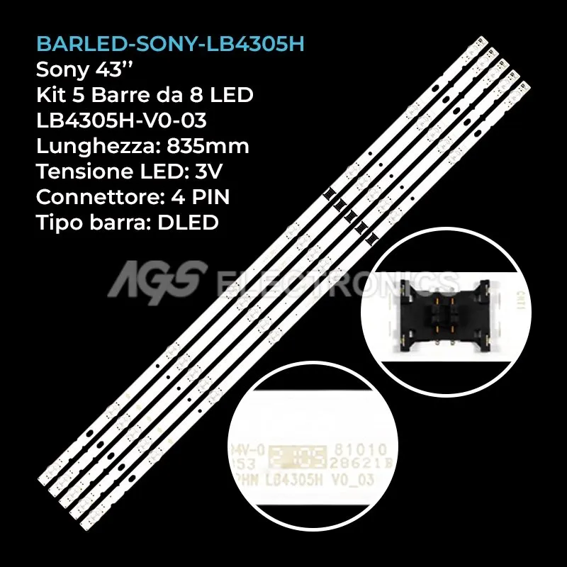kit 5 barre LED retroilluminazione per Sony 43 pollici modello KD43X83K