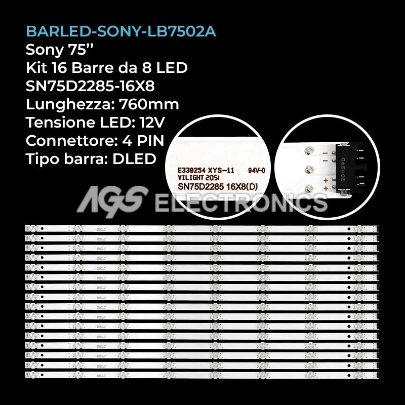 kit 16 barre LED retroilluminazione per Sony 75 pollici modello YDAS075DNS02