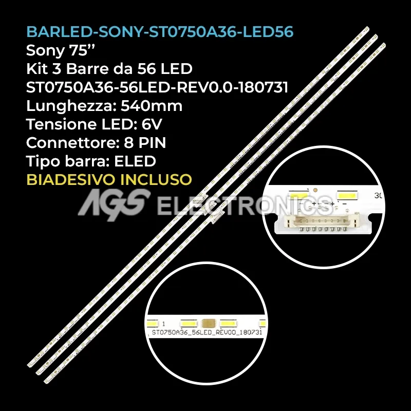 kit 3 barre LED retroilluminazione per Sony 75 pollici modello KD75XG8505