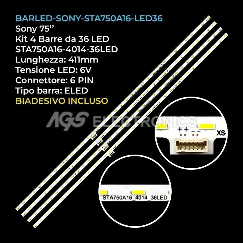 kit 4 barre LED retroilluminazione per Sony 75 pollici modello D75QF58B