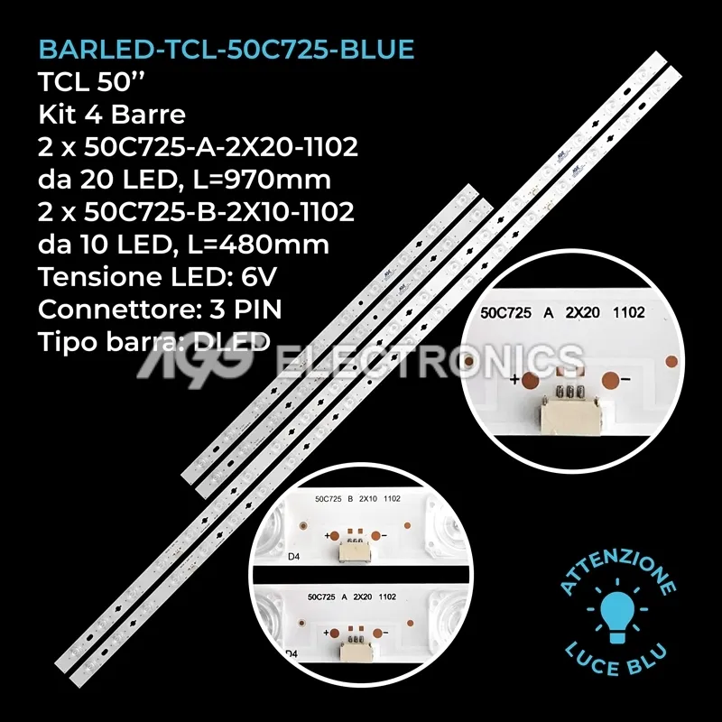 kit 4 barre LED retroilluminazione per TCL 50 pollici modello 50C721X1