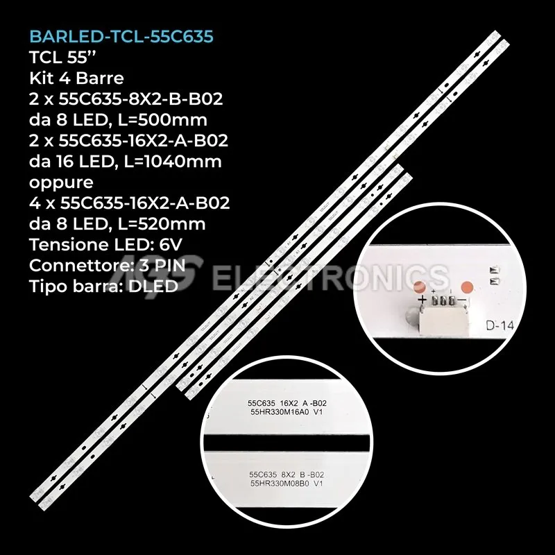 kit 4 barre LED retroilluminazione per TCL 55 pollici modello 55C69B