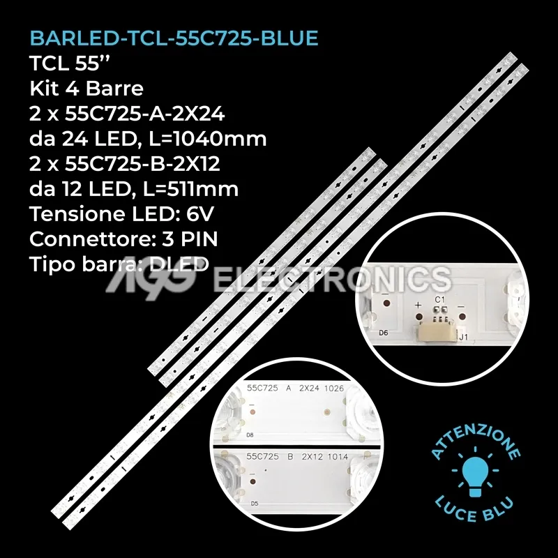 kit 4 barre LED retroilluminazione per TCL 55 pollici modello 55C721X1