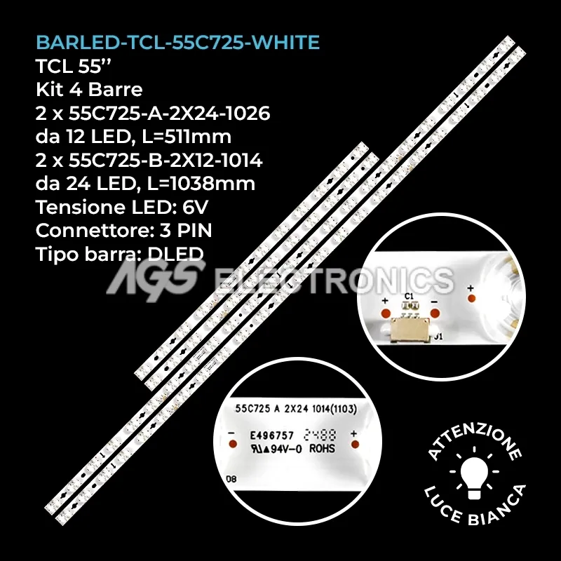 kit 4 barre LED retroilluminazione per TCL 55 pollici modello 55C724