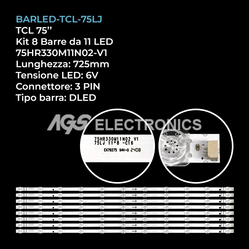 kit 8 barre LED retroilluminazione per TCL 75 pollici modello ST7461D032