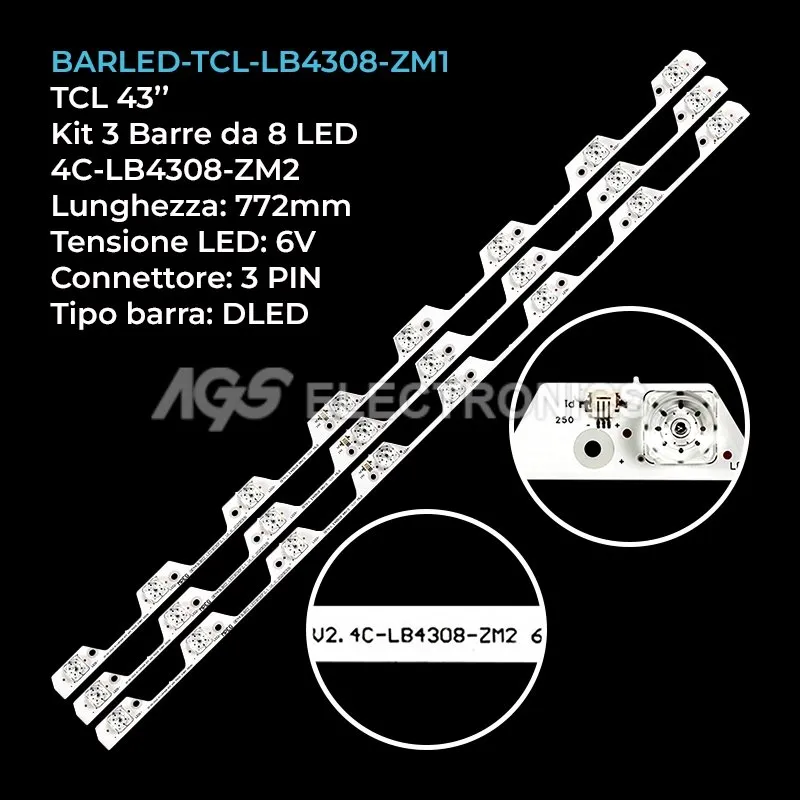 kit 3 barre LED retroilluminazione per TCL 43 pollici modello LED43D2930