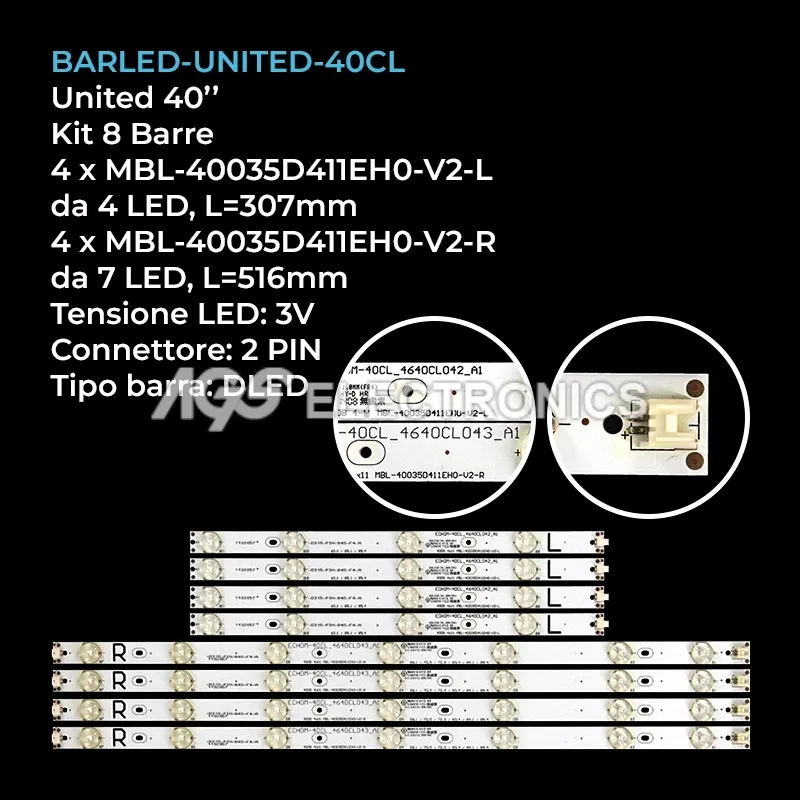 kit 8 barre LED retroilluminazione per United 40 pollici modello LED40X16