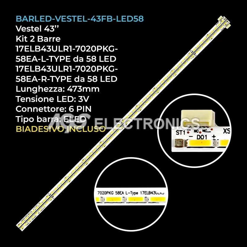kit 2 barre LED retroilluminazione per Vestel 43 pollici modello 43FB7550