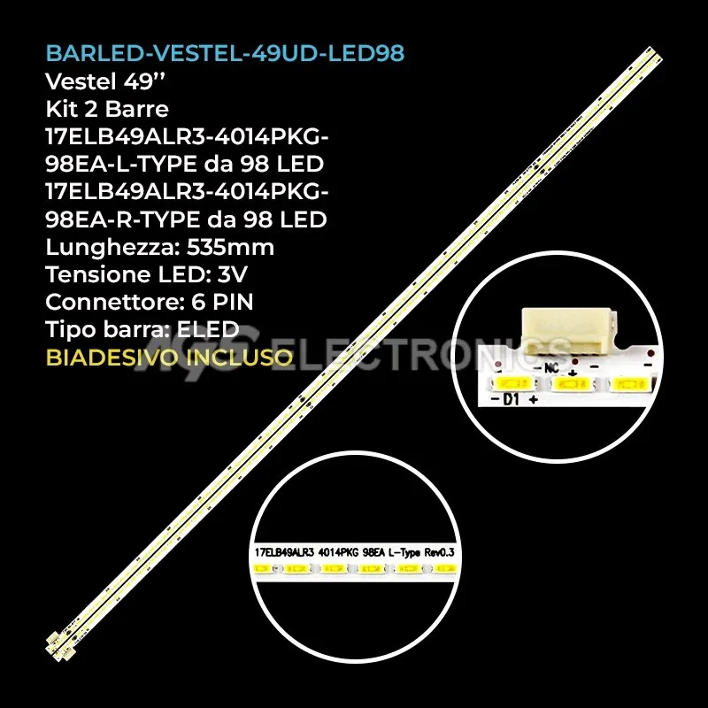 kit 2 barre LED retroilluminazione per Vestel 49 pollici pannello VES490QNUS2WU01