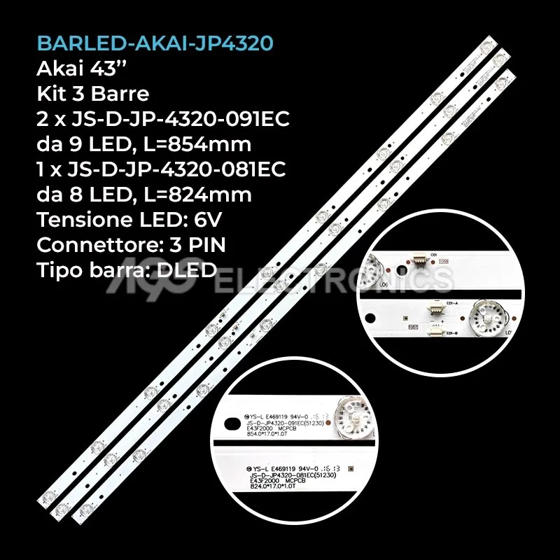kit 3 barre LED retroilluminazione per Akai 43 pollici modello LC390TA