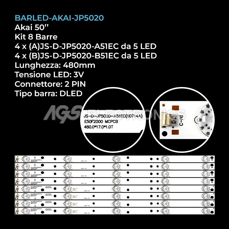 kit 8 barre LED retroilluminazione per Akai 50 pollici modello D50F2000