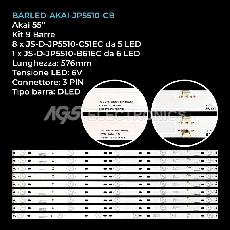 kit 9 barre LED retroilluminazione per Akai 55 pollici modello CTV5584UHDSMARTCURVED