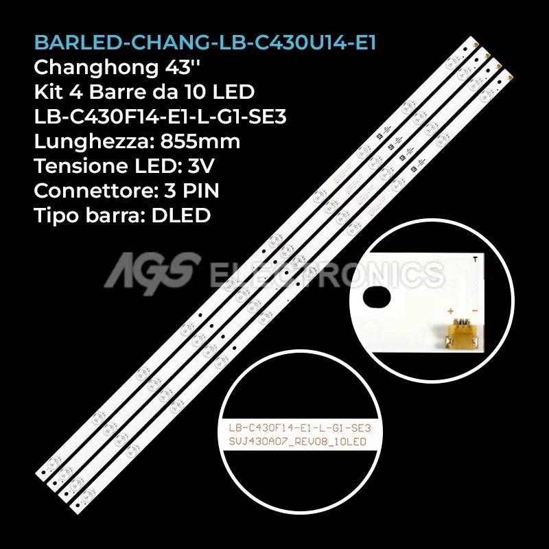 kit 4 barre LED retroilluminazione per Sanyo 43 pollici modello 43CE2210M