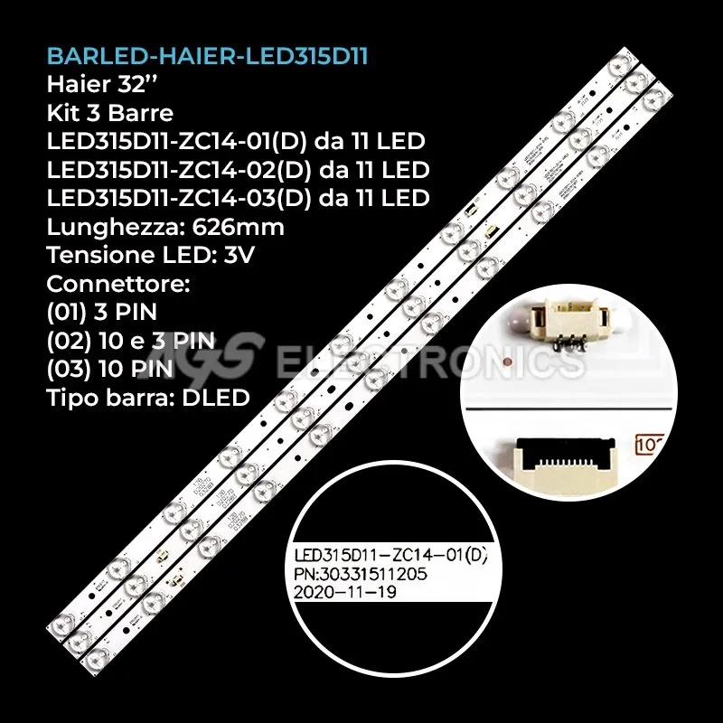 kit 3 barre LED retroilluminazione per Haier 32 pollici modello LE32M600C