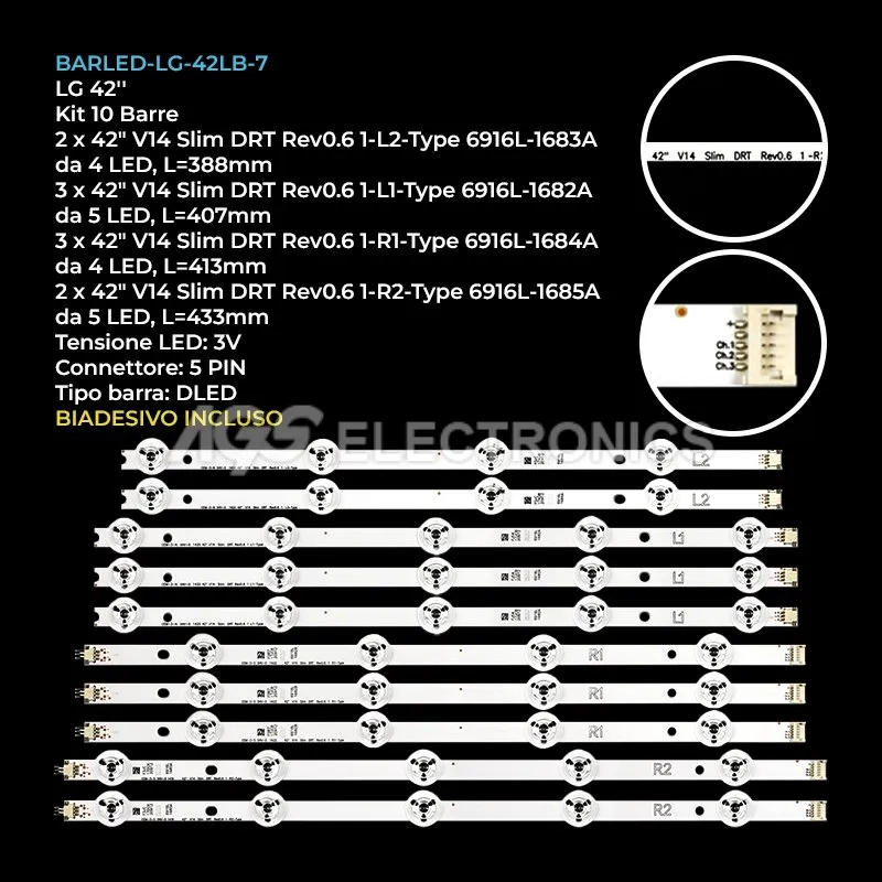 kit 10 barre LED retroilluminazione per LG 42 pollici modello 42LB674V