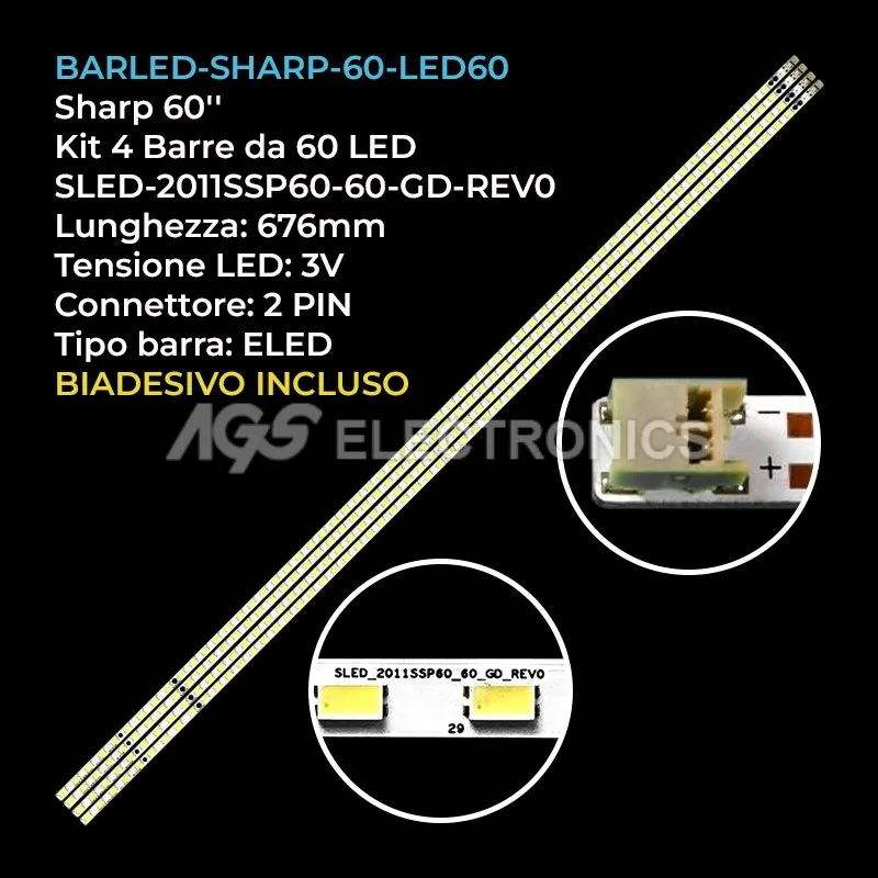 kit 4 barre LED retroilluminazione per Sharp 60 pollici modello LC60LE635E